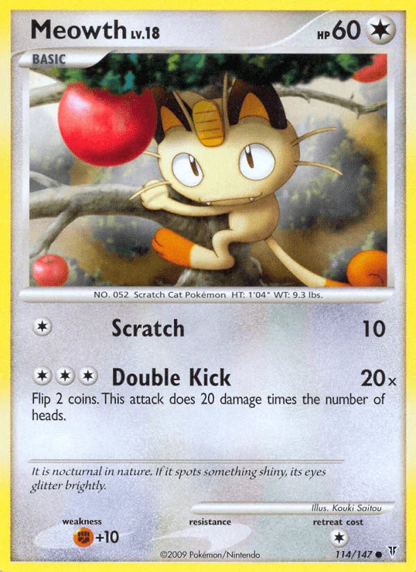114, Colorless, Common, Fighting[+10], Normal, Platinum: Supreme Victors, Reverse Holofoil Meowth (114/147) [Platinum: Supreme Victors] - Trading Card World