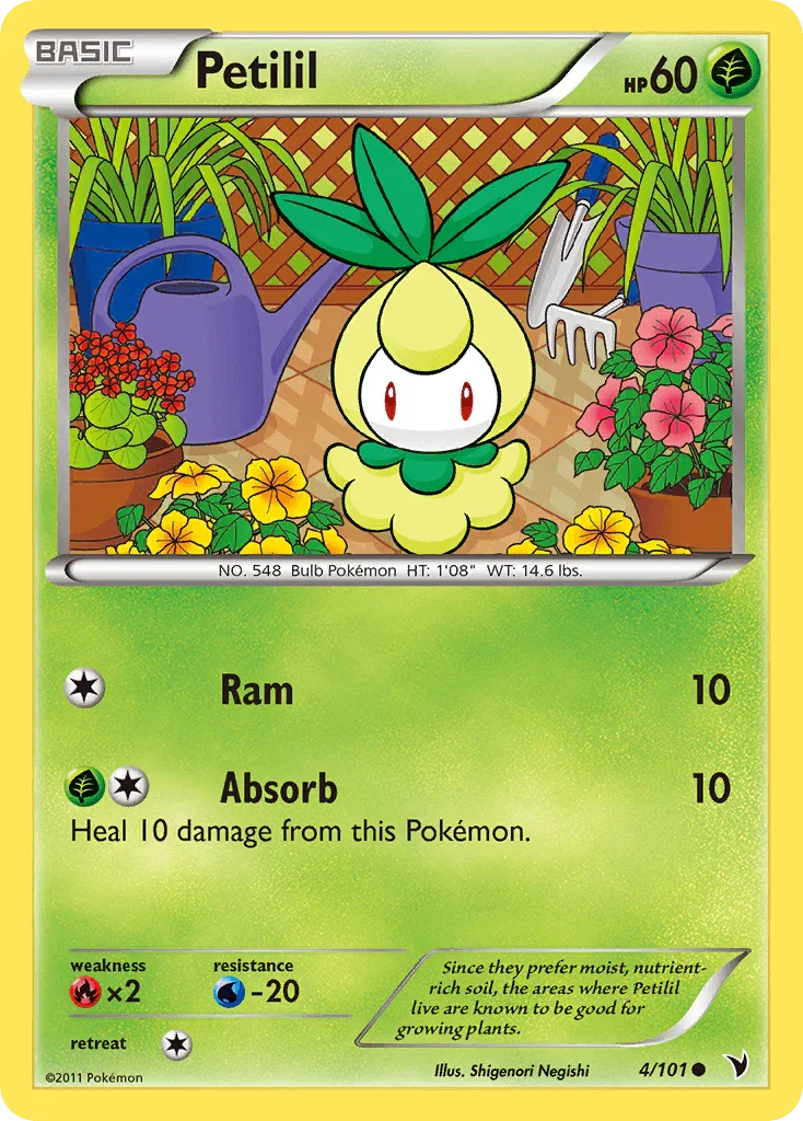 Black & White: Noble Victories, Common, Fire[×2], Grass, Normal, Reverse Holofoil, Water[-20] Petilil (4/101) [Black & White: Noble Victories] - Trading Card World
