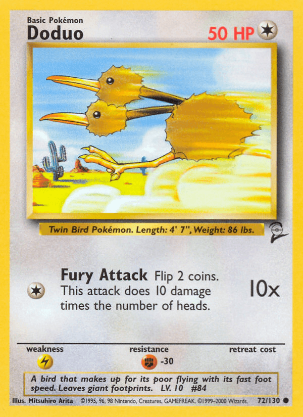 72, Base Set 2, Colorless, Common, Fighting[-30], Lightning[×2], Normal Doduo (72/130) [Base Set 2] - Trading Card World