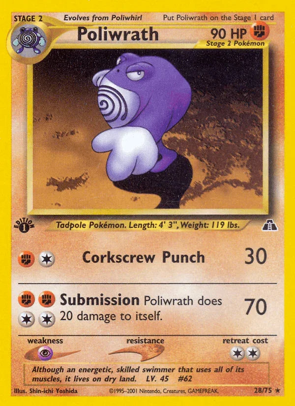 1st Edition Normal, 28, Fighting, Neo Discovery 1st Edition, Psychic[×2], Rare Poliwrath (28/75) [Neo Discovery 1st Edition] - Trading Card World