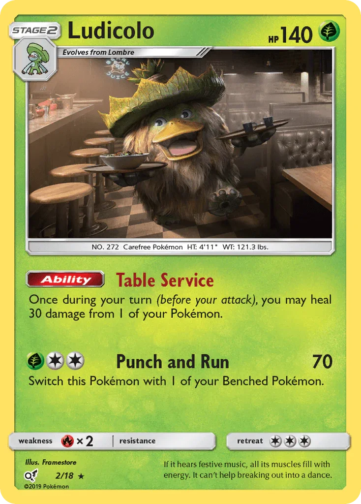 Fire[×2], Grass, Holo Rare, Holofoil, Sun & Moon: Detective Pikachu Ludicolo (2/18) [Sun & Moon: Detective Pikachu] - Trading Card World