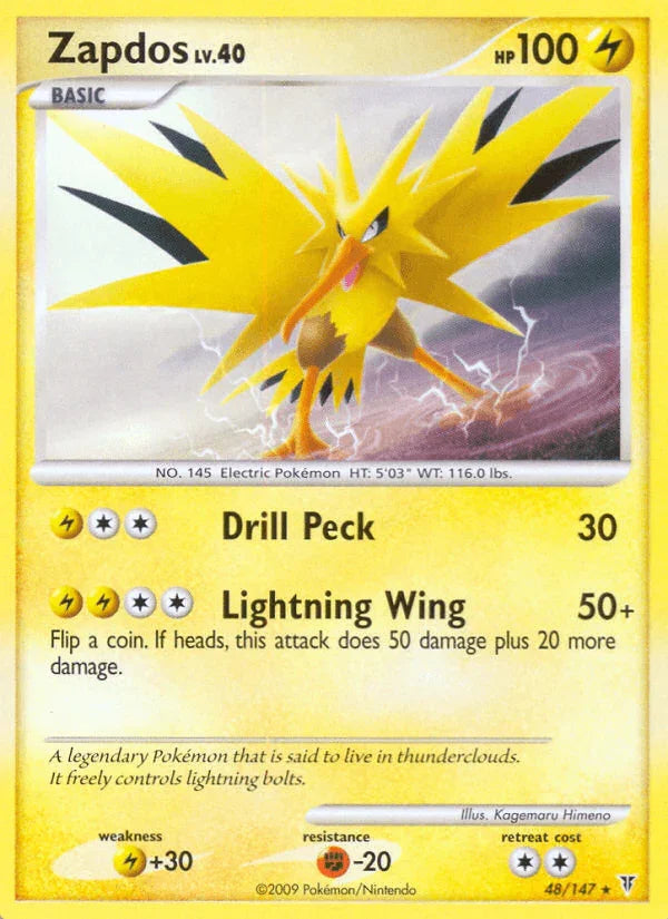 48, Fighting[-20], Lightning, Lightning[+30], Normal, Platinum: Supreme Victors, Rare, Reverse Holofoil Zapdos (48/147) [Platinum: Supreme Victors] - Trading Card World