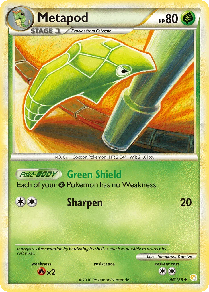 46, Fire[×2], Grass, HeartGold & SoulSilver: Base Set, Normal, Reverse Holofoil, Uncommon Metapod (46/123) [HeartGold & SoulSilver: Base Set] - Trading Card World