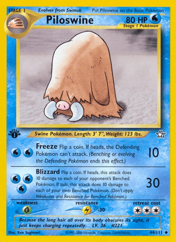 1st Edition Normal, 44, Grass[×2], Lightning[-30], Neo Genesis 1st Edition, Uncommon, Water Piloswine (44/111) [Neo Genesis 1st Edition] - Trading Card World