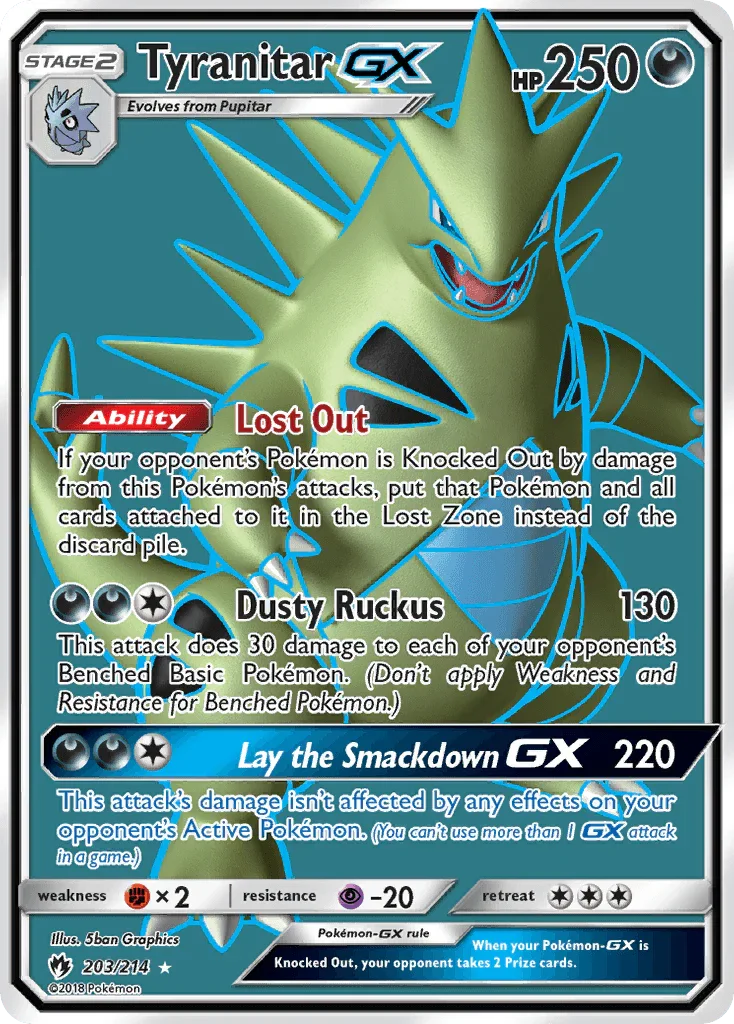 203, Darkness, Fighting[×2], Holofoil, Psychic[-20], Sun & Moon: Lost Thunder, Ultra Rare Tyranitar GX (203/214) [Sun & Moon: Lost Thunder] - Trading Card World