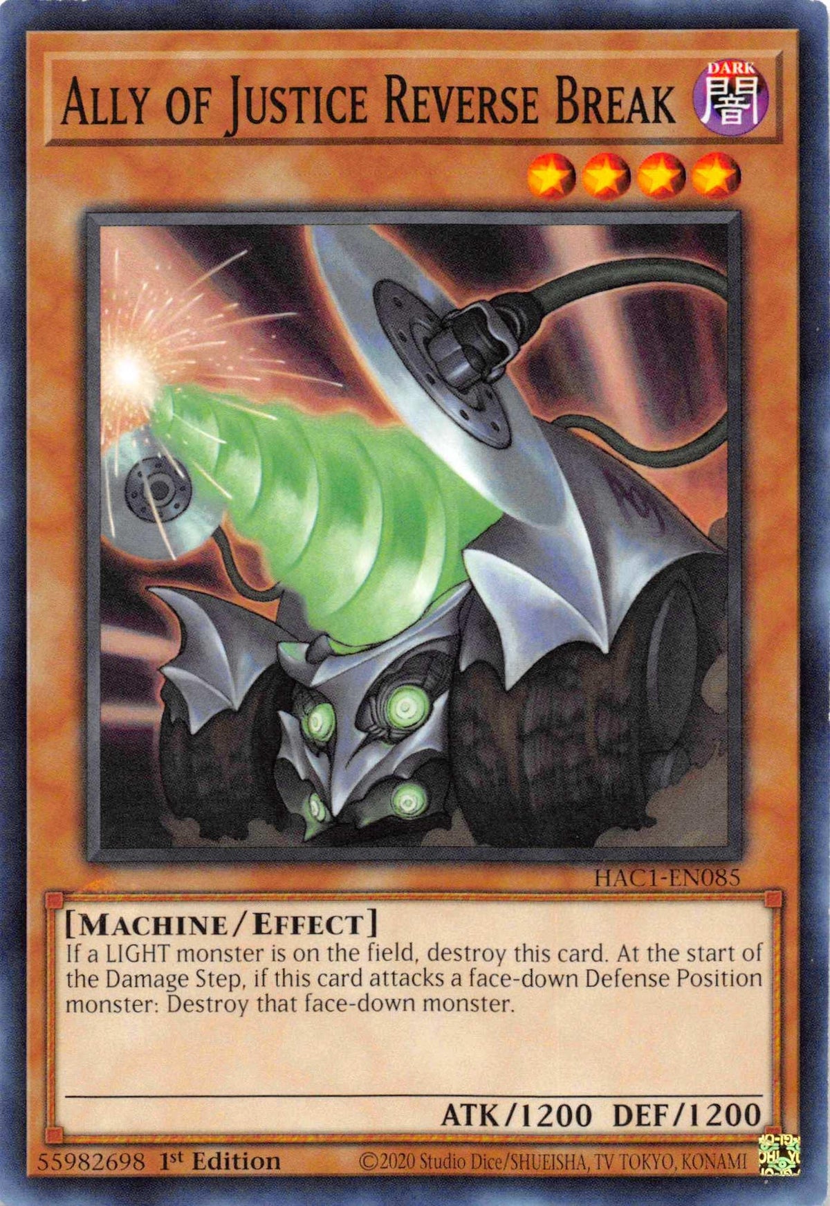 1st Edition, Common, Dark, Effect Monster, Hidden Arsenal: Chapter 1, Machine Ally of Justice Reverse Break [HAC1-EN085] Common - Trading Card World
