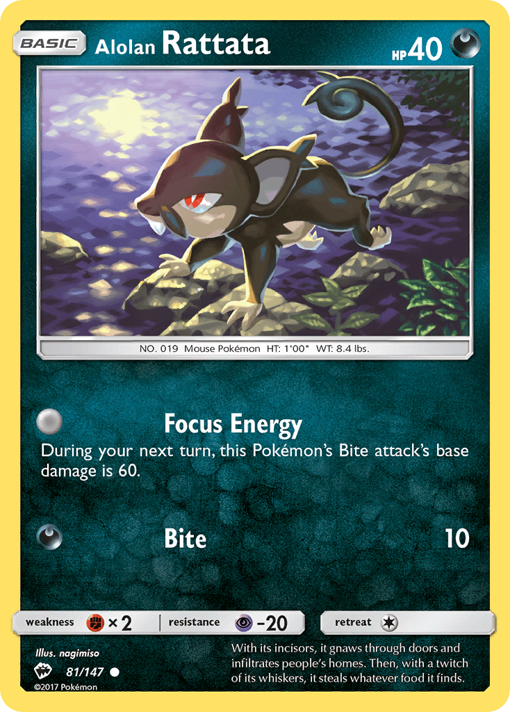 81, Common, Darkness, Fighting[×2], Normal, Psychic[-20], Reverse Holofoil, Sun & Moon: Burning Shadows Alolan Rattata (81/147) [Sun & Moon: Burning Shadows] - Trading Card World