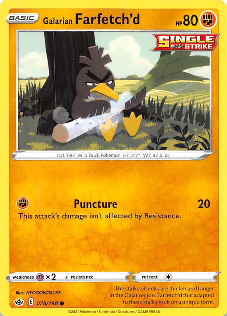 078, Common, Fighting, Normal, Psychic [x2], Reverse Holofoil, Sword & Shield: Chilling Reign Galarian Farfetch'd (078/198) [Sword & Shield: Chilling Reign] - Trading Card World