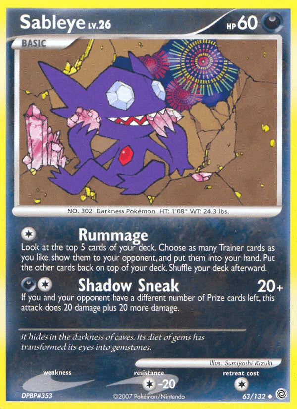 63, Colorless[-20], Darkness, Diamond & Pearl: Secret Wonders, Normal, Reverse Holofoil, Uncommon Sableye (63/132) [Diamond & Pearl: Secret Wonders] - Trading Card World