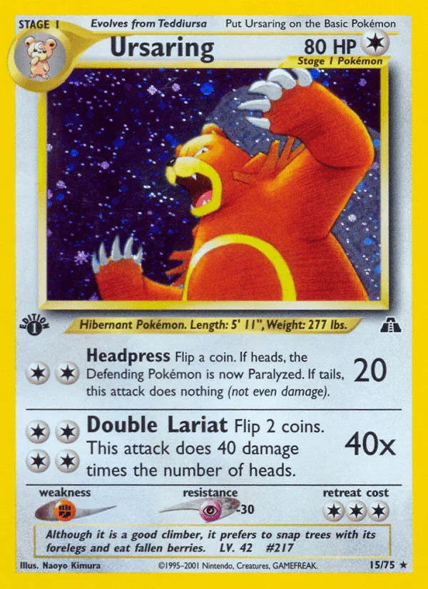 15, 1st Edition Holofoil, Colorless, Fighting[×2], Holo Rare, Neo Discovery 1st Edition, Psychic[-30] Ursaring (15/75) [Neo Discovery 1st Edition] - Trading Card World