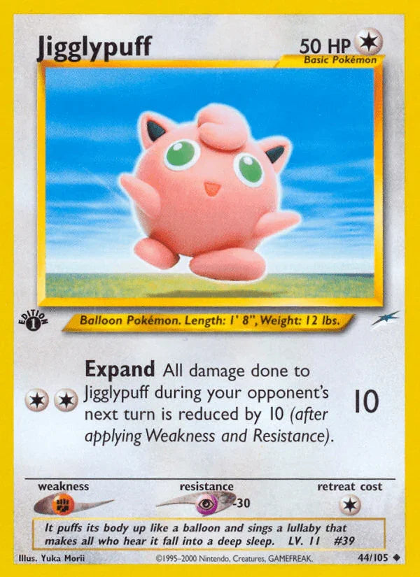1st Edition Normal, 44, Colorless, Fighting[×2], Neo Destiny 1st Edition, Psychic[-30], Uncommon Jigglypuff (44/105) [Neo Destiny 1st Edition] - Trading Card World