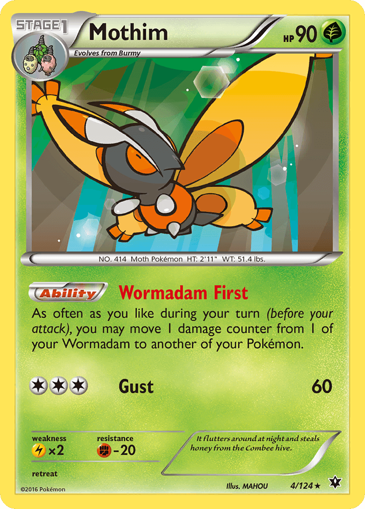 Fighting[-20], Grass, Lightning[×2], Normal, Rare, Reverse Holofoil, XY: Fates Collide Mothim (4/124) [XY: Fates Collide] - Trading Card World