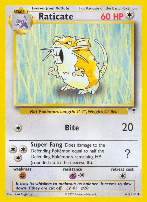 61, Colorless, Fighting[×2], Legendary Collection, Normal, Psychic[-30], Reverse Holofoil, Uncommon Raticate (61/110) [Legendary Collection] - Trading Card World