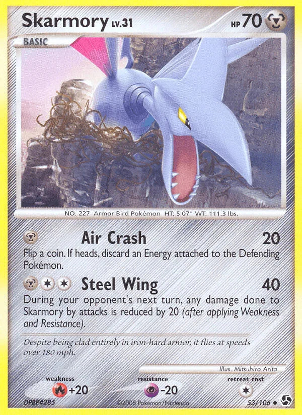 53, Diamond & Pearl: Great Encounters, Fire[+20], Metal, Normal, Psychic[-20], Reverse Holofoil, Uncommon Skarmory (53/106) [Diamond & Pearl: Great Encounters] - Trading Card World