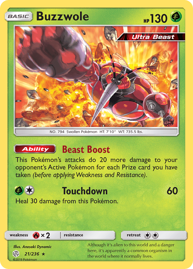 21, Fire[×2], Grass, Holo Rare, Holofoil, Reverse Holofoil, Sun & Moon: Cosmic Eclipse Buzzwole (21/236) [Sun & Moon: Cosmic Eclipse] - Trading Card World