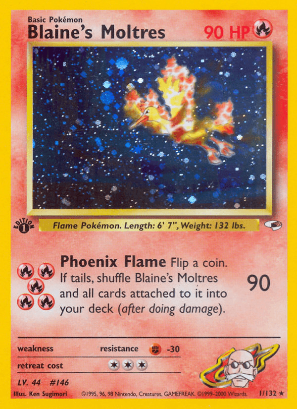 1st Edition Holofoil, Fighting[-30], Fire, Gym Heroes 1st Edition, Holo Rare Blaine's Moltres (1/132) [Gym Heroes 1st Edition] - Trading Card World