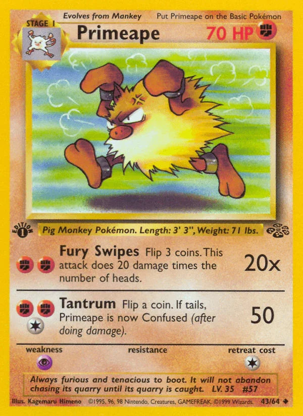 1st Edition Normal, 43, Fighting, Jungle 1st Edition, Psychic[×2], Uncommon Primeape (43/64) [Jungle 1st Edition] - Trading Card World