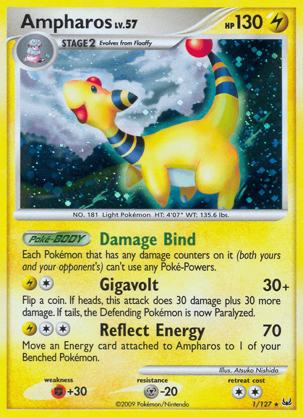 Fighting[+30], Holo Rare, Holofoil, Lightning, Metal[-20], Platinum: Base Set, Reverse Holofoil Ampharos (1/127) [Platinum: Base Set] - Trading Card World