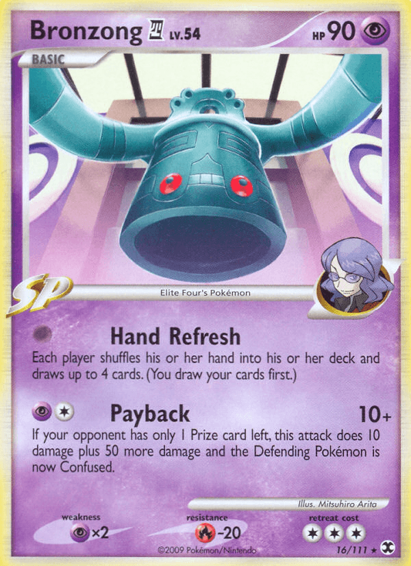 16, Fire[-20], Normal, Platinum: Rising Rivals, Psychic, Psychic[×2], Rare, Reverse Holofoil Bronzong (16/111) [Platinum: Rising Rivals] - Trading Card World