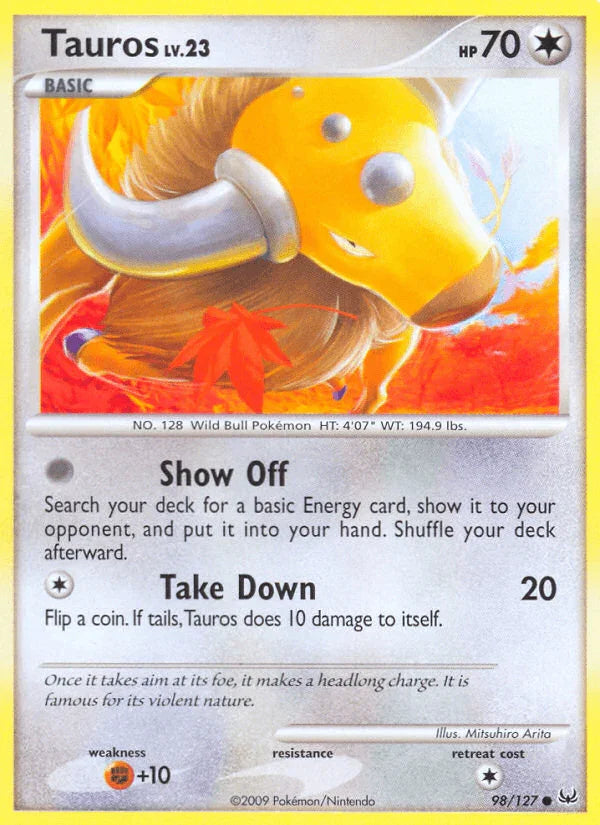 98, Colorless, Common, Fighting[+10], Normal, Platinum: Base Set, Reverse Holofoil Tauros (98/127) [Platinum: Base Set] - Trading Card World