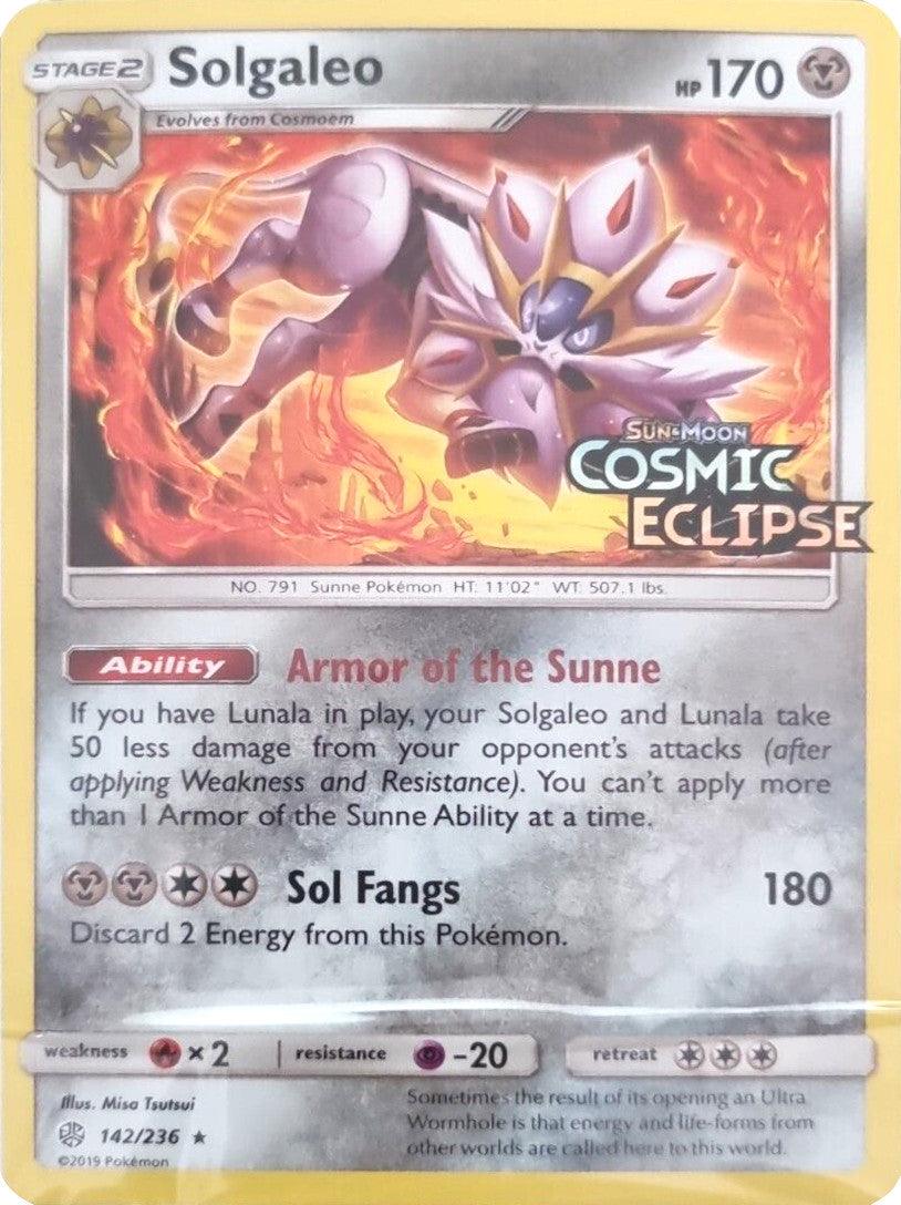 142, Fire [x2], Holofoil, Metal, Promo, Psychic [-20], Sun & Moon: Cosmic Eclipse Solgaleo (142/236) (Cosmic Eclipse Stamped) [Sun & Moon: Cosmic Eclipse] - Trading Card World