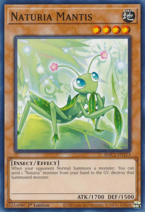 1st Edition, Common, Earth, Effect Monster, Hidden Arsenal: Chapter 1, Insect Naturia Mantis [HAC1-EN113] Common - Trading Card World