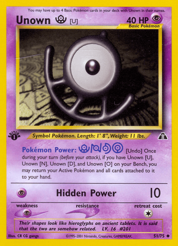 1st Edition Normal, 51, Neo Discovery 1st Edition, Psychic, Psychic[×2], Uncommon Unown [U] (51/75) [Neo Discovery 1st Edition] - Trading Card World