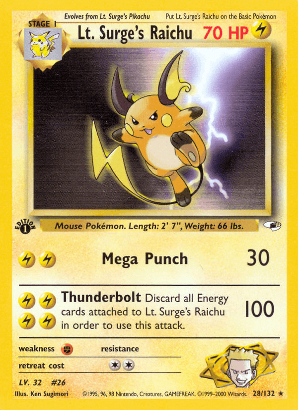 1st Edition Normal, 28, Fighting[×2], Gym Heroes 1st Edition, Lightning, Rare Lt. Surge's Raichu (28/132) [Gym Heroes 1st Edition] - Trading Card World