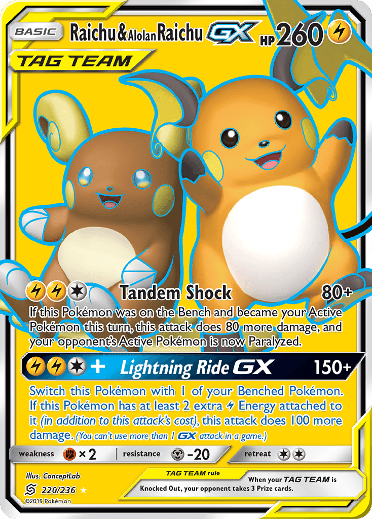 220, Fighting[×2], Holofoil, Lightning, Metal[-20], Sun & Moon: Unified Minds, Ultra Rare Raichu & Alolan Raichu GX (220/236) [Sun & Moon: Unified Minds] - Trading Card World