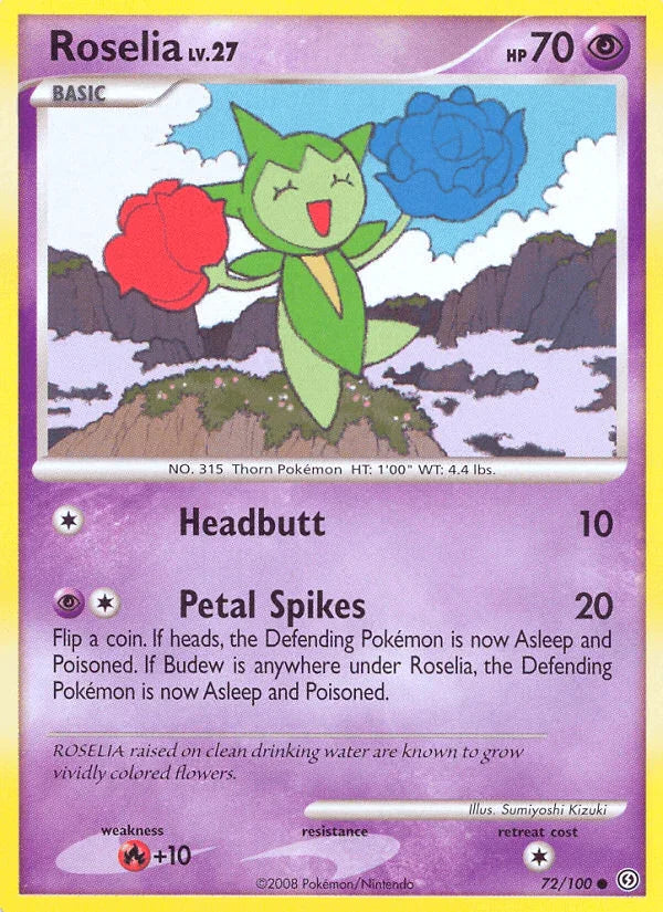 72, Common, Diamond & Pearl: Stormfront, Fire[+10], Normal, Psychic, Reverse Holofoil Roselia (72/100) [Diamond & Pearl: Stormfront] - Trading Card World