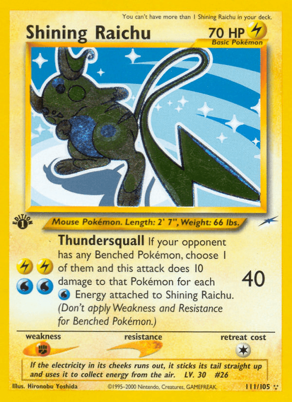 111, 1st Edition Holofoil, Fighting[×2], Lightning, Neo Destiny 1st Edition, Secret Rare Shining Raichu (111/105) [Neo Destiny 1st Edition] - Trading Card World