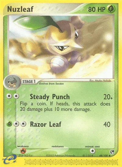 48, EX: Sandstorm, Fire[×2], Grass, Normal, Reverse Holofoil, Uncommon Nuzleaf (48/100) [EX: Sandstorm] - Trading Card World
