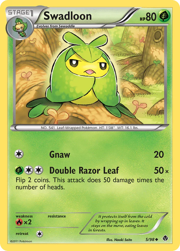 Black & White: Emerging Powers, Fire[×2], Grass, Normal, Reverse Holofoil, Uncommon Swadloon (5/98) [Black & White: Emerging Powers] - Trading Card World