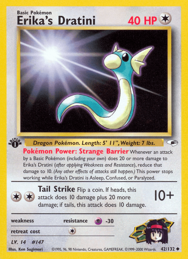 1st Edition Normal, 42, Colorless, Gym Heroes 1st Edition, Psychic[-30], Uncommon Erika's Dratini (42/132) [Gym Heroes 1st Edition] - Trading Card World