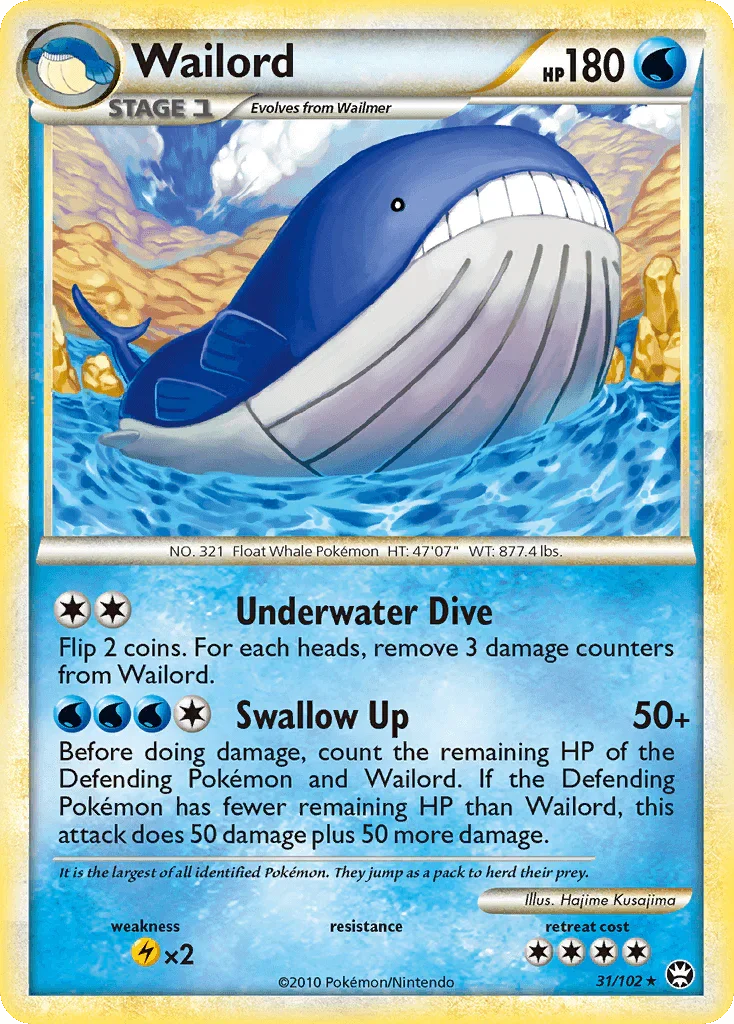 31, HeartGold & SoulSilver: Triumphant, Lightning[×2], Normal, Rare, Reverse Holofoil, Water Wailord (31/102) [HeartGold & SoulSilver: Triumphant] - Trading Card World