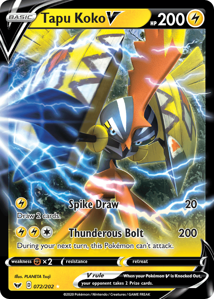 072, Fighting[×2], Holofoil, Lightning, Sword & Shield: Base Set, Ultra Rare Tapu Koko V (072/202) [Sword & Shield: Base Set] - Trading Card World