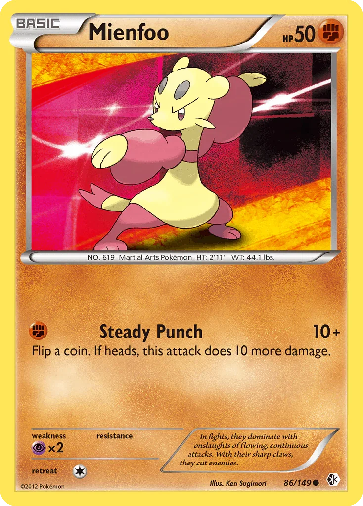 86, Black & White: Boundaries Crossed, Common, Fighting, Normal, Psychic[×2], Reverse Holofoil Mienfoo (86/149) [Black & White: Boundaries Crossed] - Trading Card World