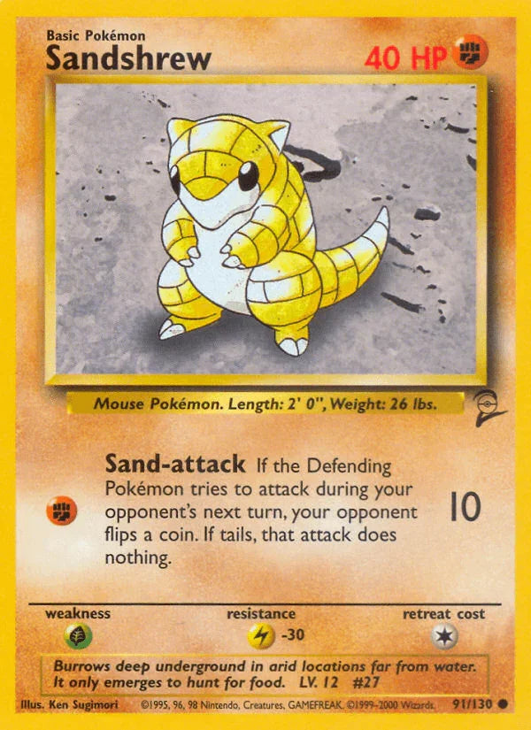 91, Base Set 2, Common, Fighting, Grass[×2], Lightning[-30], Normal Sandshrew (91/130) [Base Set 2] - Trading Card World