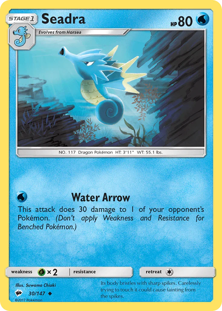 30, Grass[×2], Normal, Reverse Holofoil, Sun & Moon: Burning Shadows, Uncommon, Water Seadra (30/147) [Sun & Moon: Burning Shadows] - Trading Card World