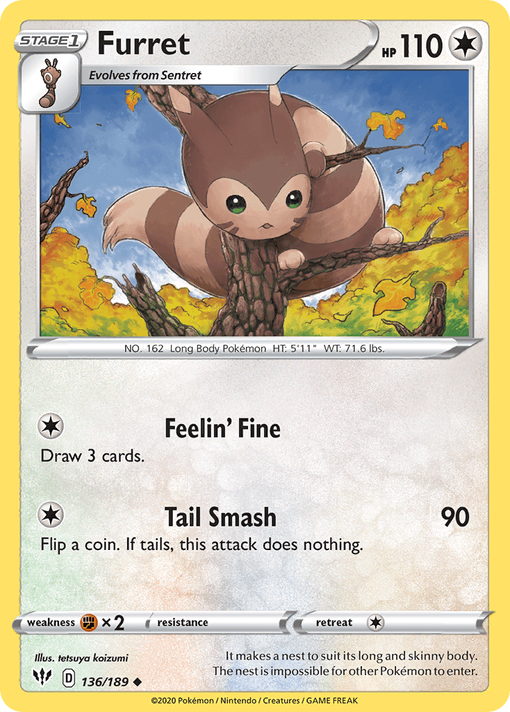 136, Colorless, Fighting[×2], Normal, Reverse Holofoil, Sword & Shield: Darkness Ablaze, Uncommon Furret (136/189) [Sword & Shield: Darkness Ablaze] - Trading Card World