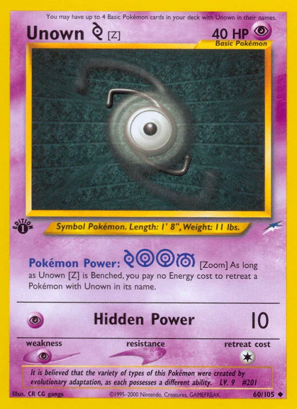 1st Edition Normal, 60, Neo Destiny 1st Edition, Psychic, Psychic[×2], Uncommon Unown [Z] (60/105) [Neo Destiny 1st Edition] - Trading Card World