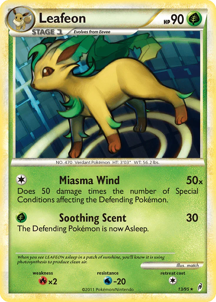 13, Fire[×2], Grass, HeartGold & SoulSilver: Call of Legends, Holo Rare, Holofoil, Reverse Holofoil, Water[-20] Leafeon (13/95) [HeartGold & SoulSilver: Call of Legends] - Trading Card World