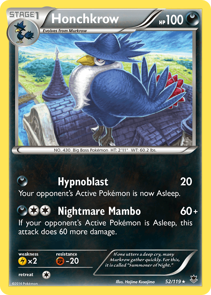 52, Darkness, Fighting[-20], Lightning[×2], Normal, Rare, Reverse Holofoil, XY: Phantom Forces Honchkrow (52/119) [XY: Phantom Forces] - Trading Card World