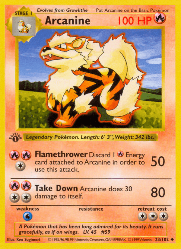 1st Edition Normal, 23, Base Set 1st Edition, Fire, Uncommon, Water[×2] Arcanine (23/102) (Shadowless) [Base Set 1st Edition] - Trading Card World