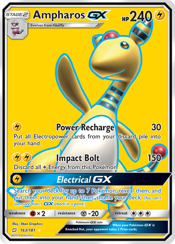 163, Fighting[×2], Holofoil, Lightning, Metal[-20], Sun & Moon: Team Up, Ultra Rare Ampharos GX (163/181) [Sun & Moon: Team Up] - Trading Card World