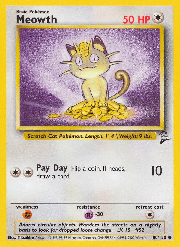 80, Base Set 2, Colorless, Common, Fighting[×2], Normal, Psychic[-30] Meowth (80/130) [Base Set 2] - Trading Card World