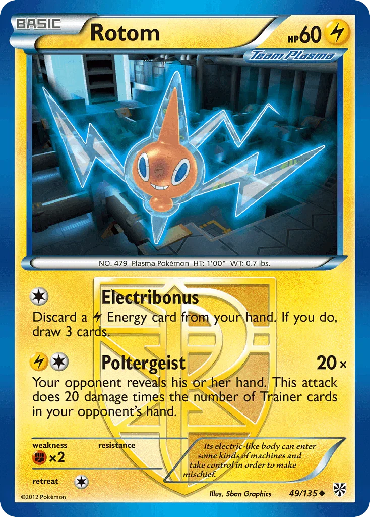 49, Black & White: Plasma Storm, Fighting[×2], Lightning, Normal, Reverse Holofoil, Uncommon Rotom (49/135) [Black & White: Plasma Storm] - Trading Card World