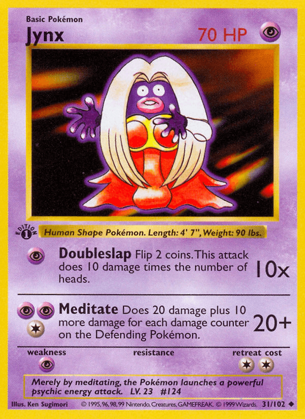 1st Edition Normal, 31, Base Set 1st Edition, Psychic, Psychic[×2], Uncommon Jynx (31/102) (Shadowless) [Base Set 1st Edition] - Trading Card World