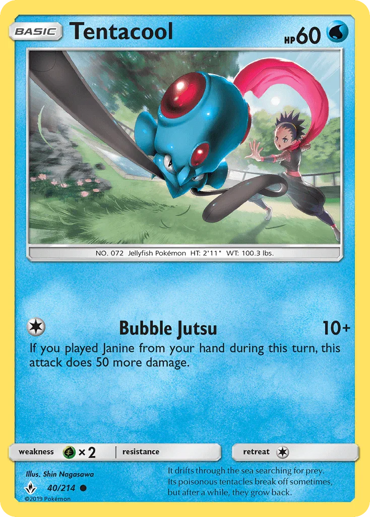 40, Common, Grass[×2], Normal, Reverse Holofoil, Sun & Moon: Unbroken Bonds, Water Tentacool (40/214) [Sun & Moon: Unbroken Bonds] - Trading Card World