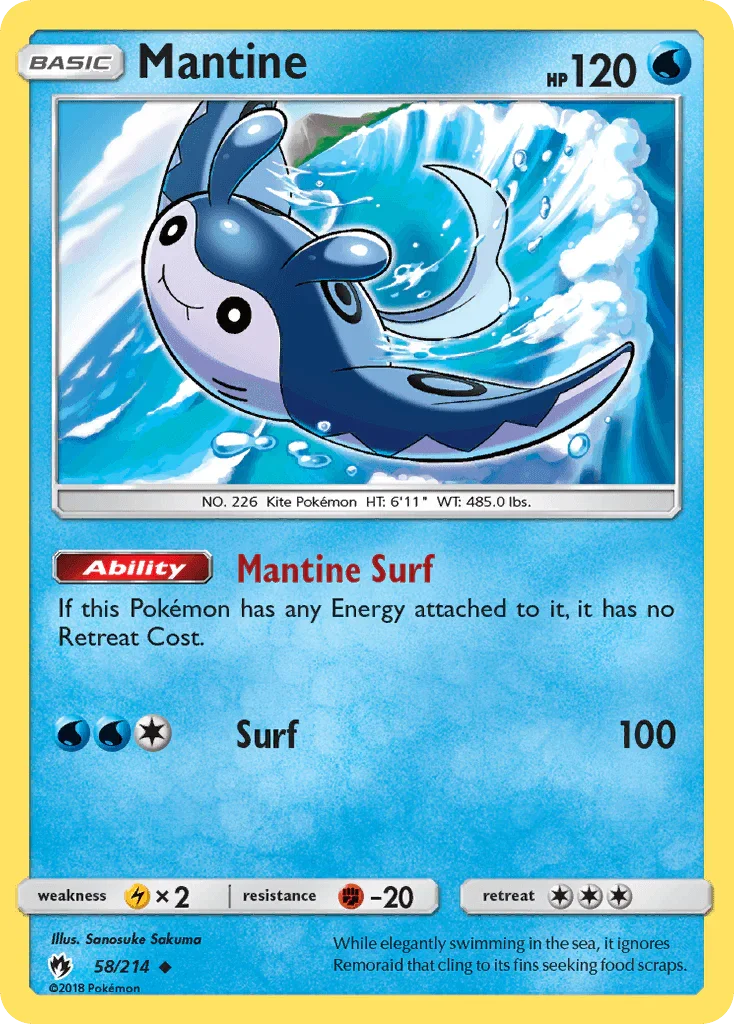 58, Fighting[-20], Lightning[×2], Normal, Reverse Holofoil, Sun & Moon: Lost Thunder, Uncommon, Water Mantine (58/214) [Sun & Moon: Lost Thunder] - Trading Card World